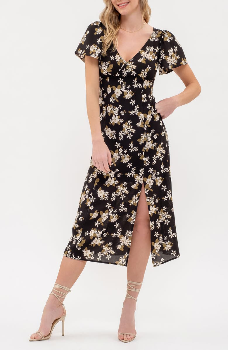 knee length dresses for ladies The Yellow V Neck Floral Slit Midi Dress main image 0