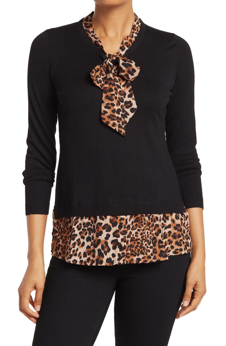 Adrianna Papell Long Sleeve V-Neck Twofer Sweater, Main, color,
