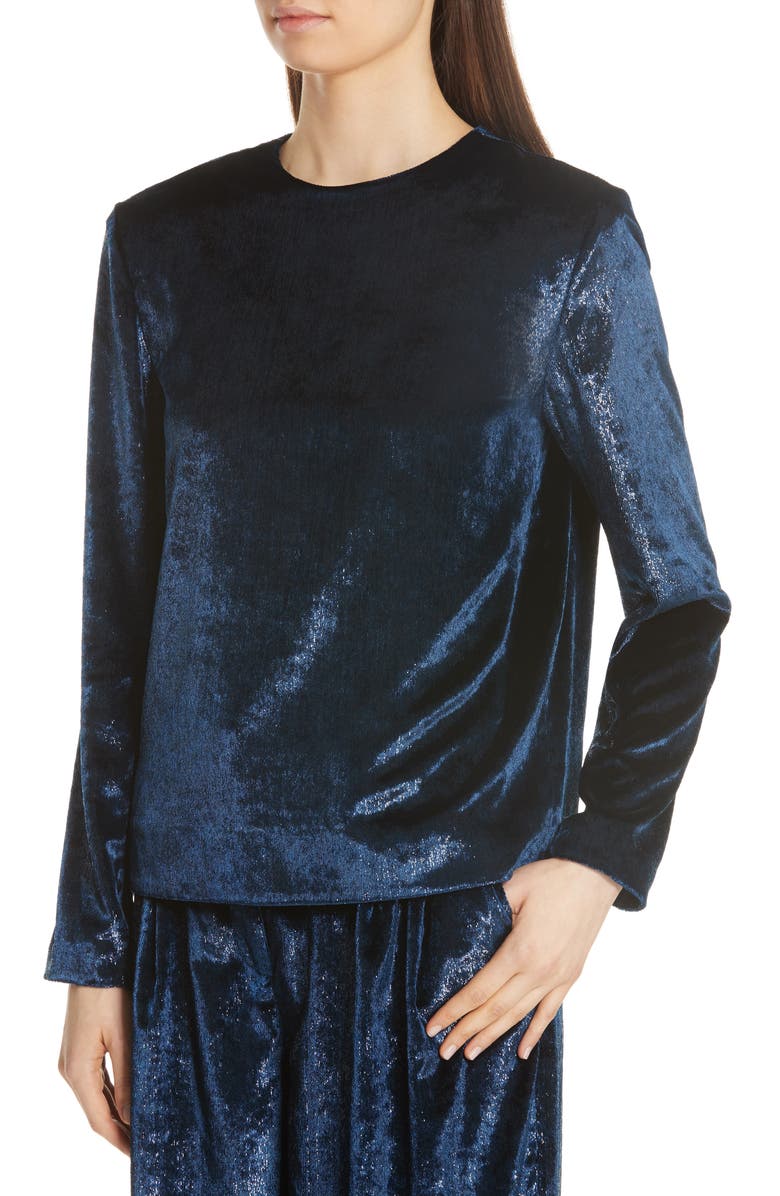 Tibi Tess Metallic Velvet Top, Alternate, color, Navy