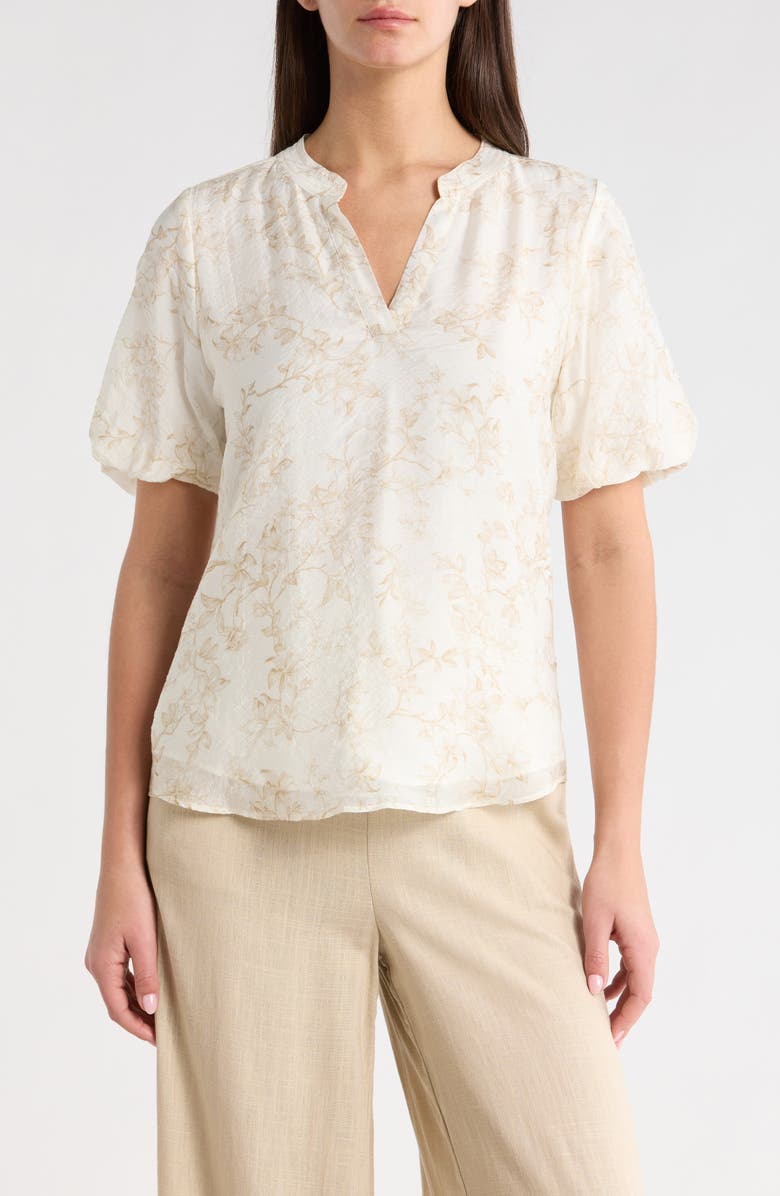 Vince Camuto Floral Print Short Sleeve Top, Main, color, Camel