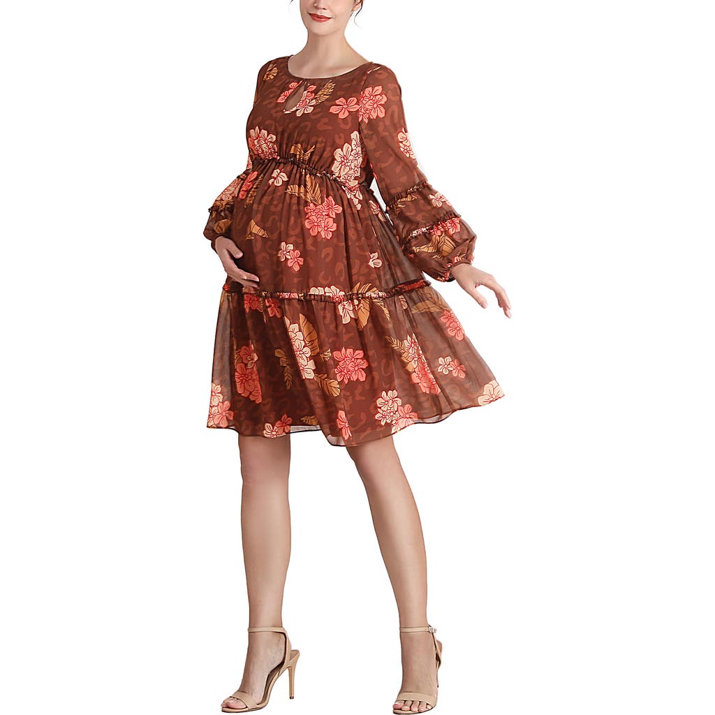 Kimi & Kai Abby Long Sleeve Maternity Babydoll Dress In Brown