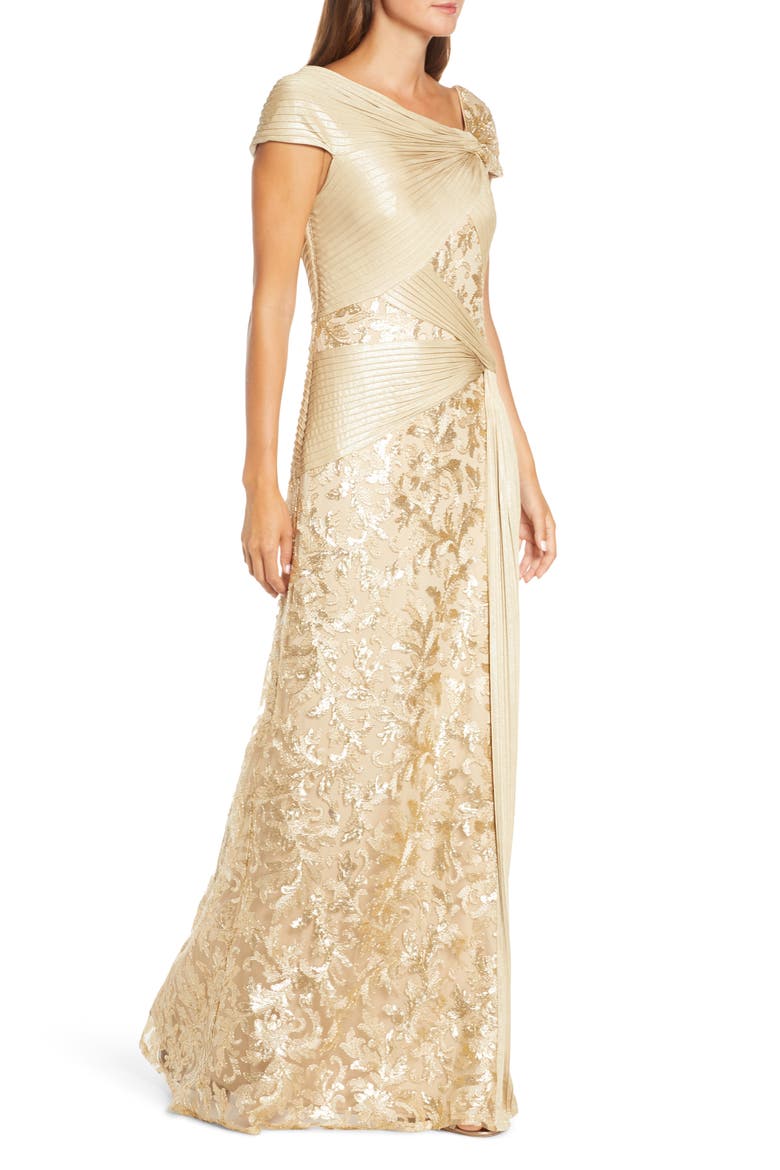 Pintuck Wrapped Embroidered Lace Gown, Alternate, color, GOLD