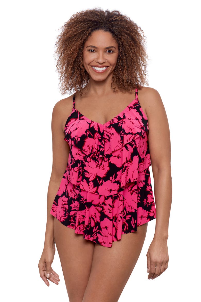 Triple Ruffle Tier Adjustable Tankini Swimsuit Top, Main, color, Fleurette