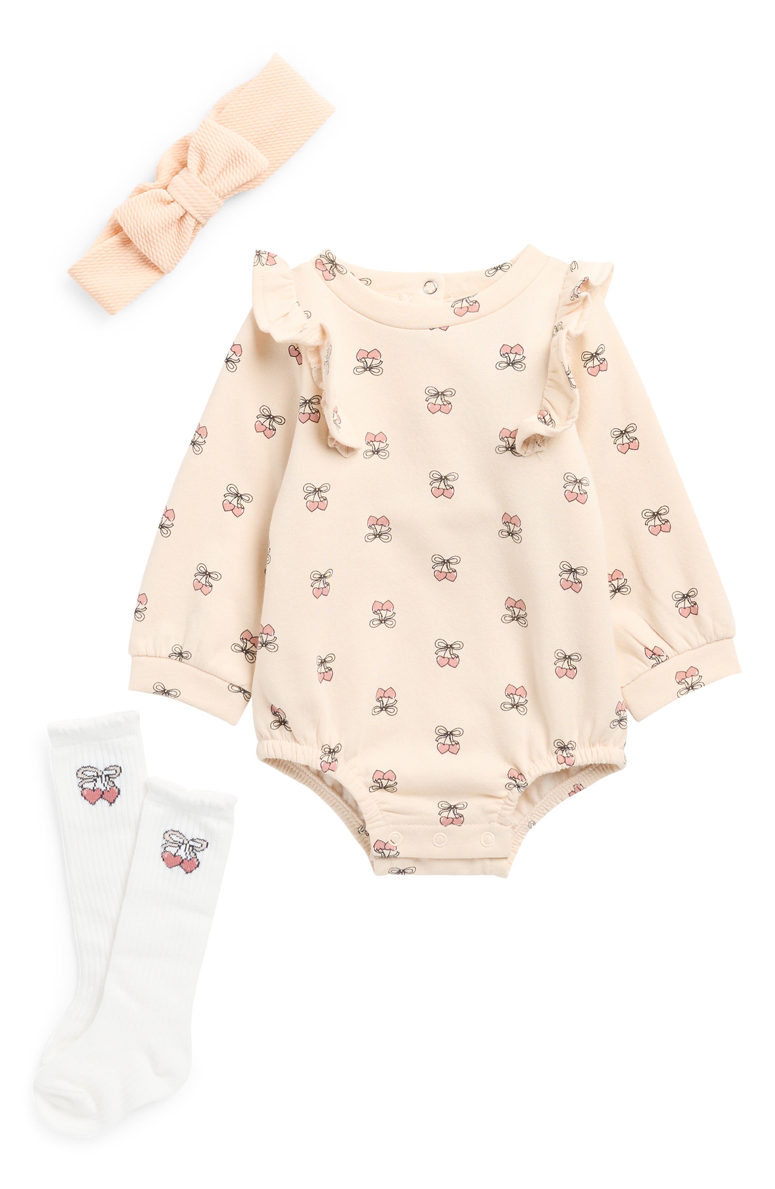 Nicole Miller Kids' Fleece Cherry Graphic Bodysuit, Socks & Headband Set