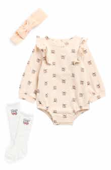 Nicole Miller Kids' Fleece Cherry Graphic Bodysuit, Socks & Headband Set