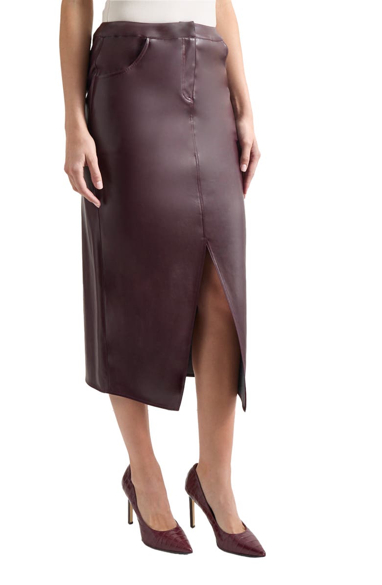 Misook Front Slit Faux Leather Midi Skirt, Alternate, color, 