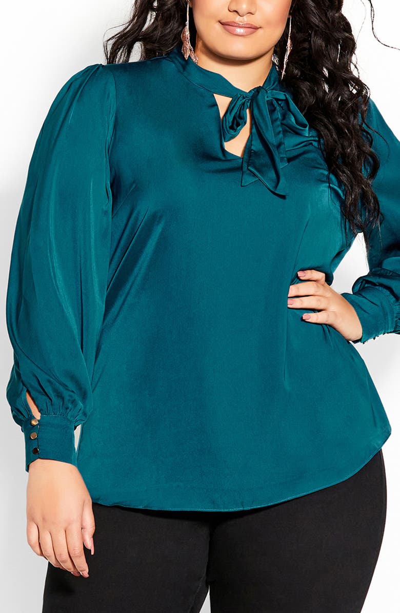 City Chic Chana Charmeuse Bow Blouse, Main, color, Teal