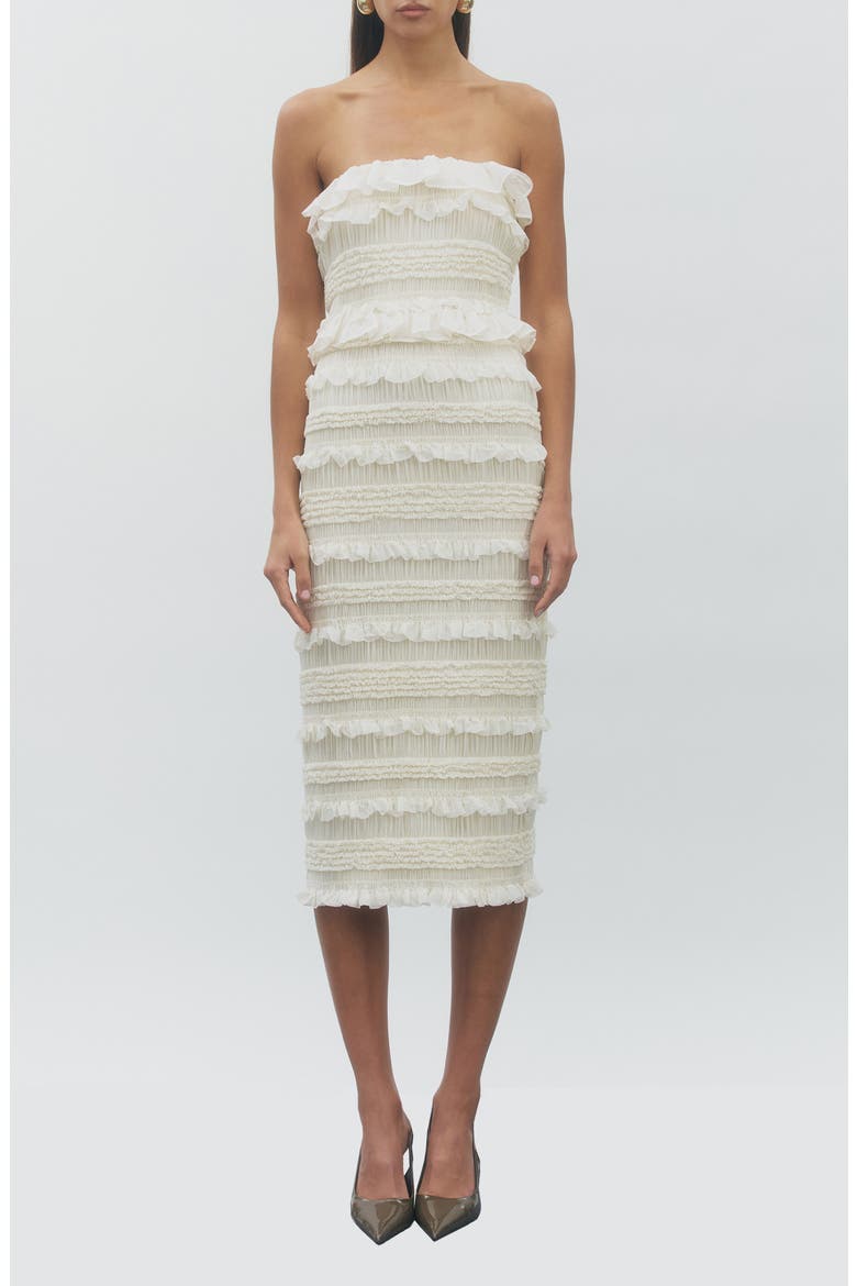 Annalise Shirred Ruffle Trim Tiered Midi Dress, Main, color, IVORY