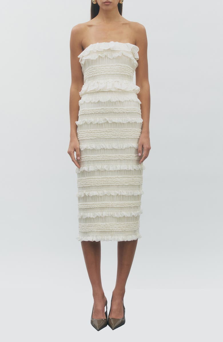 MAUDE CLUB Annalise Shirred Ruffle Trim Tiered Midi Dress, Main, color, Ivory