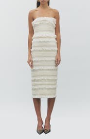 MAUDE CLUB Annalise Shirred Ruffle Trim Tiered Midi Dress