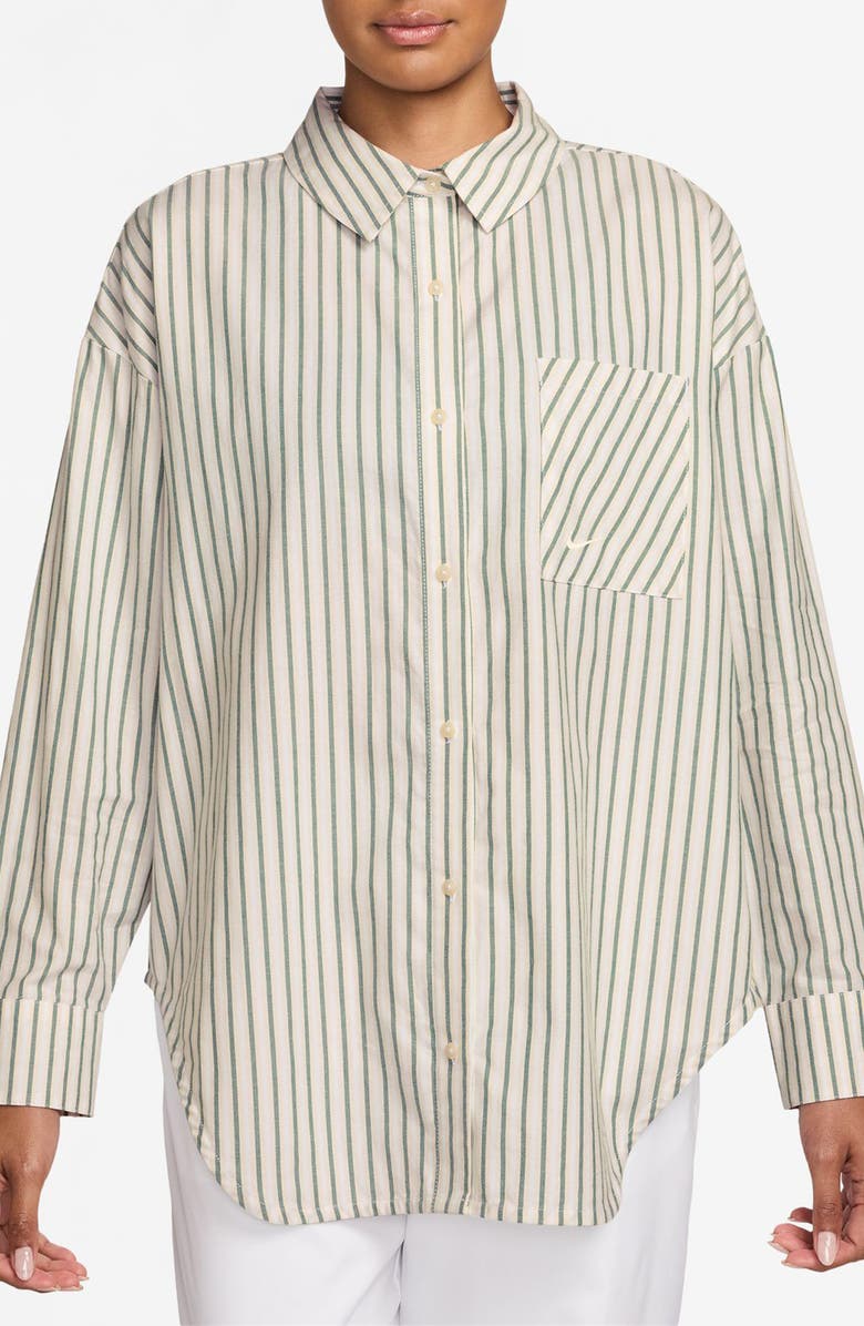 Nike Sportswear Oversize Stripe Cotton Button-Up Shirt, Main, color, Fir/ Light Orewood Brown