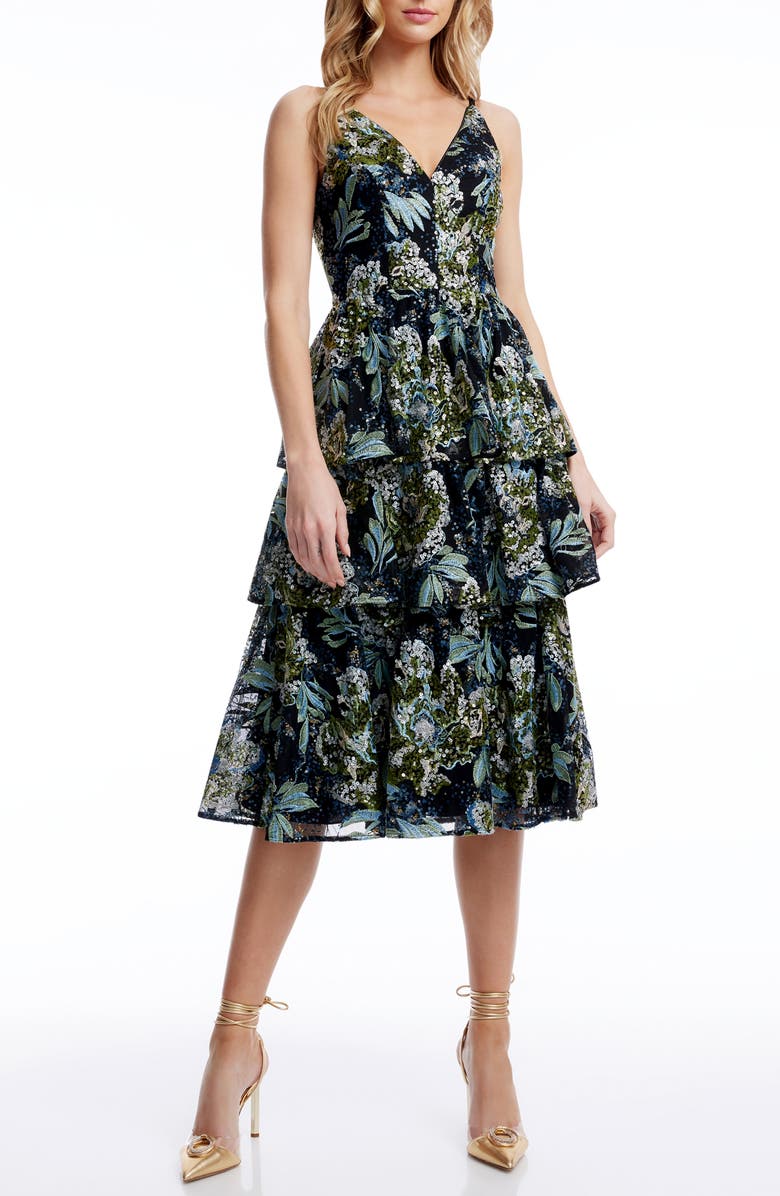 Dress the Population Lorelai Sequin Floral Tiered Cocktail Dress, Main, color, Black Multi