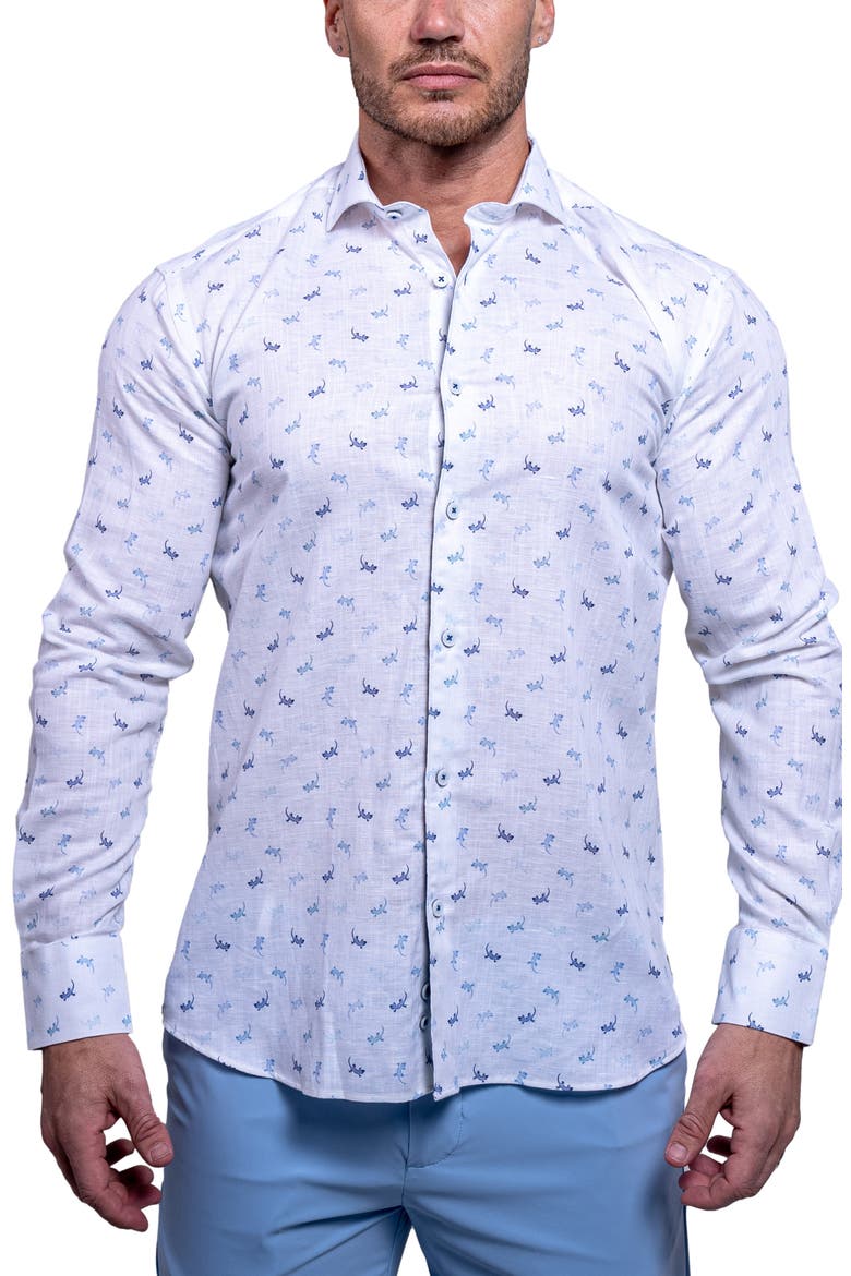 Einstein Resistance Contemporary Fit Lizard Print Linen & Cotton Button-Up Shirt, Alternate, color, WHITE