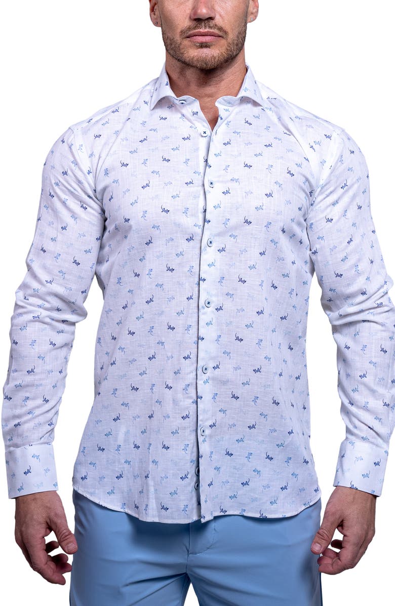 Maceoo Einstein Resistance Contemporary Fit Lizard Print Linen & Cotton Button-Up Shirt, Alternate, color, White