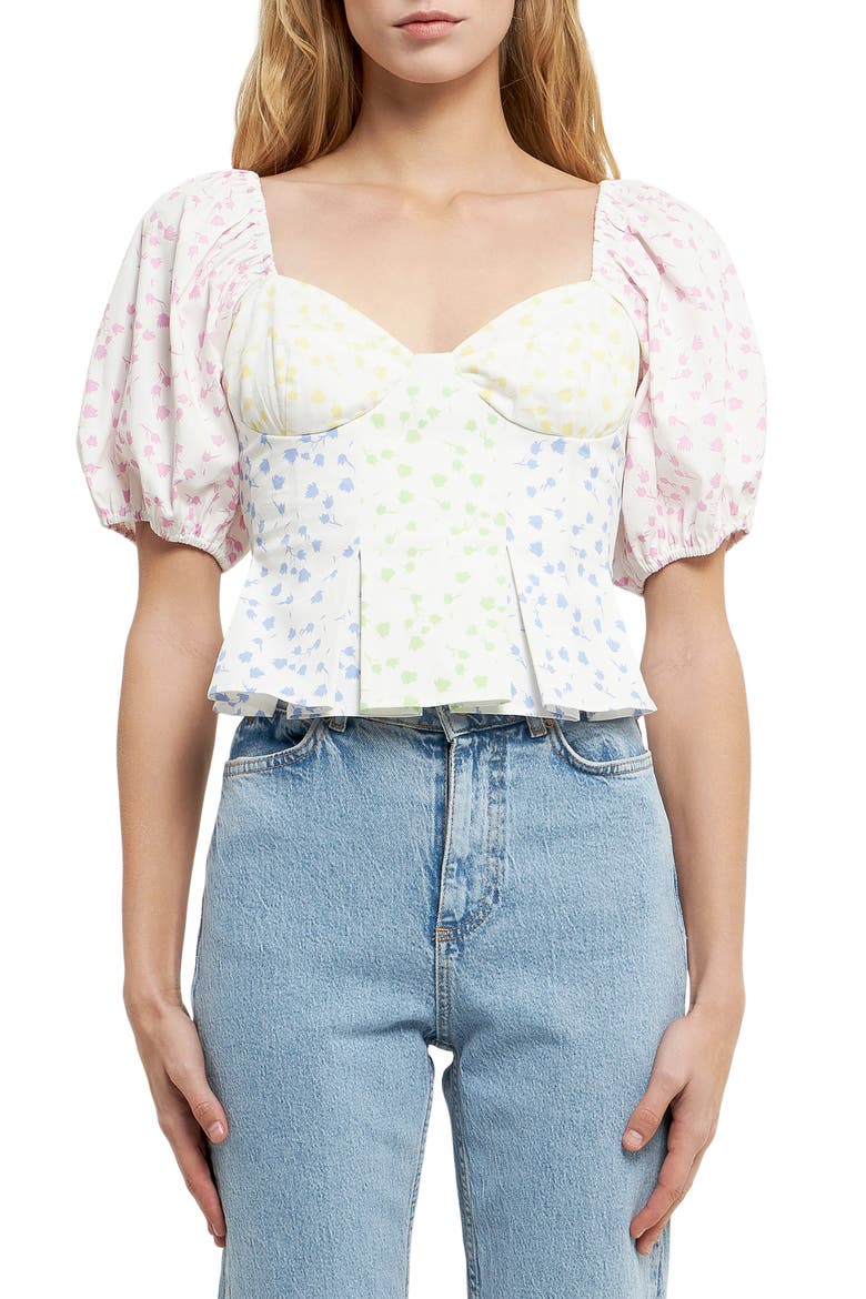 Floral Patchwork Puff Sleeve Crop Top, Main, color, WHITE MULTI