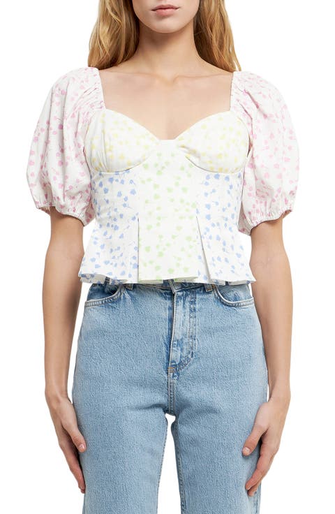 Floral Patchwork Puff Sleeve Crop Top