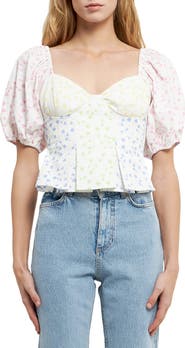 English Factory Floral Patchwork Puff Sleeve Crop Top