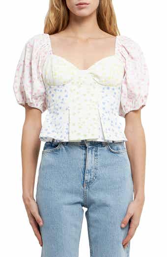 English Factory Floral Patchwork Puff Sleeve Crop Top