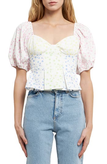 English Factory Floral Patchwork Puff Sleeve Crop Top In White Multi