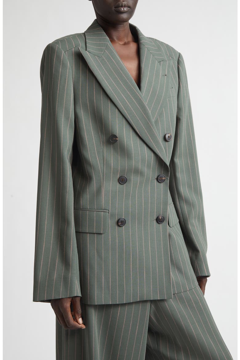 Pinstripe Double Breasted Virgin Wool & Cotton Crepe Blazer, Alternate, color, FOREST