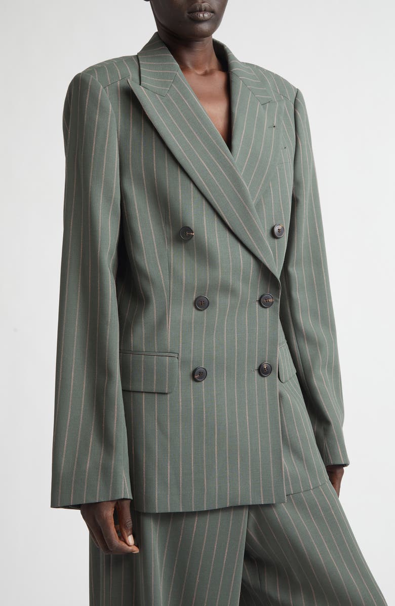 Dries Van Noten Pinstripe Double Breasted Virgin Wool & Cotton Crepe Blazer, Alternate, color, Forest