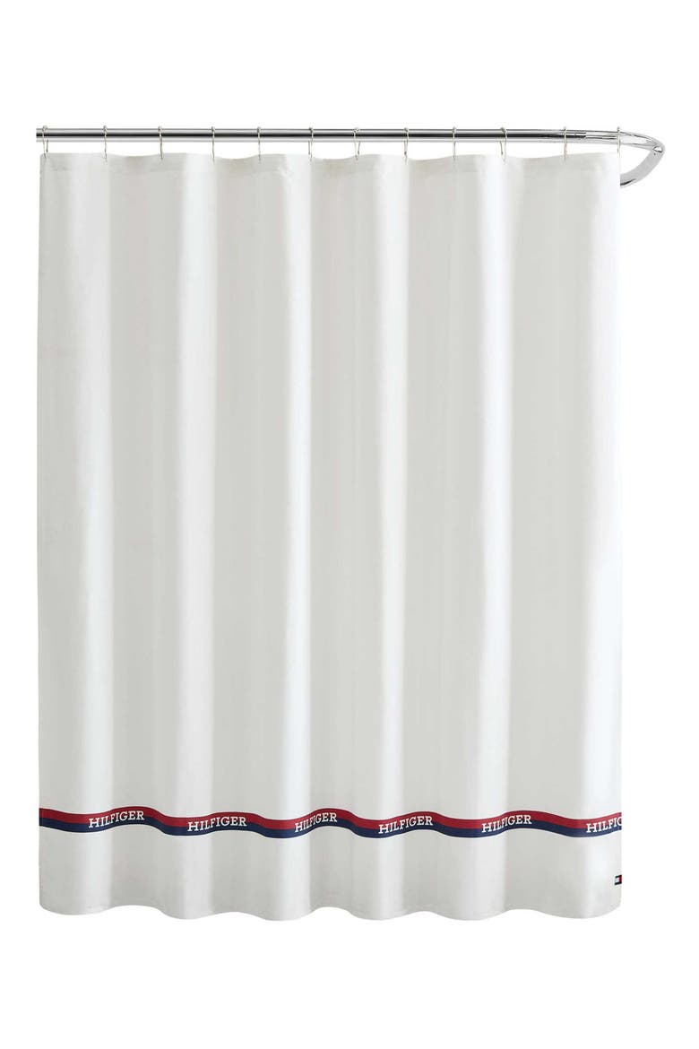 Logo Stripe Shower Curtain, Main, color, DEEP BLUE/ NAVIGATOR RED