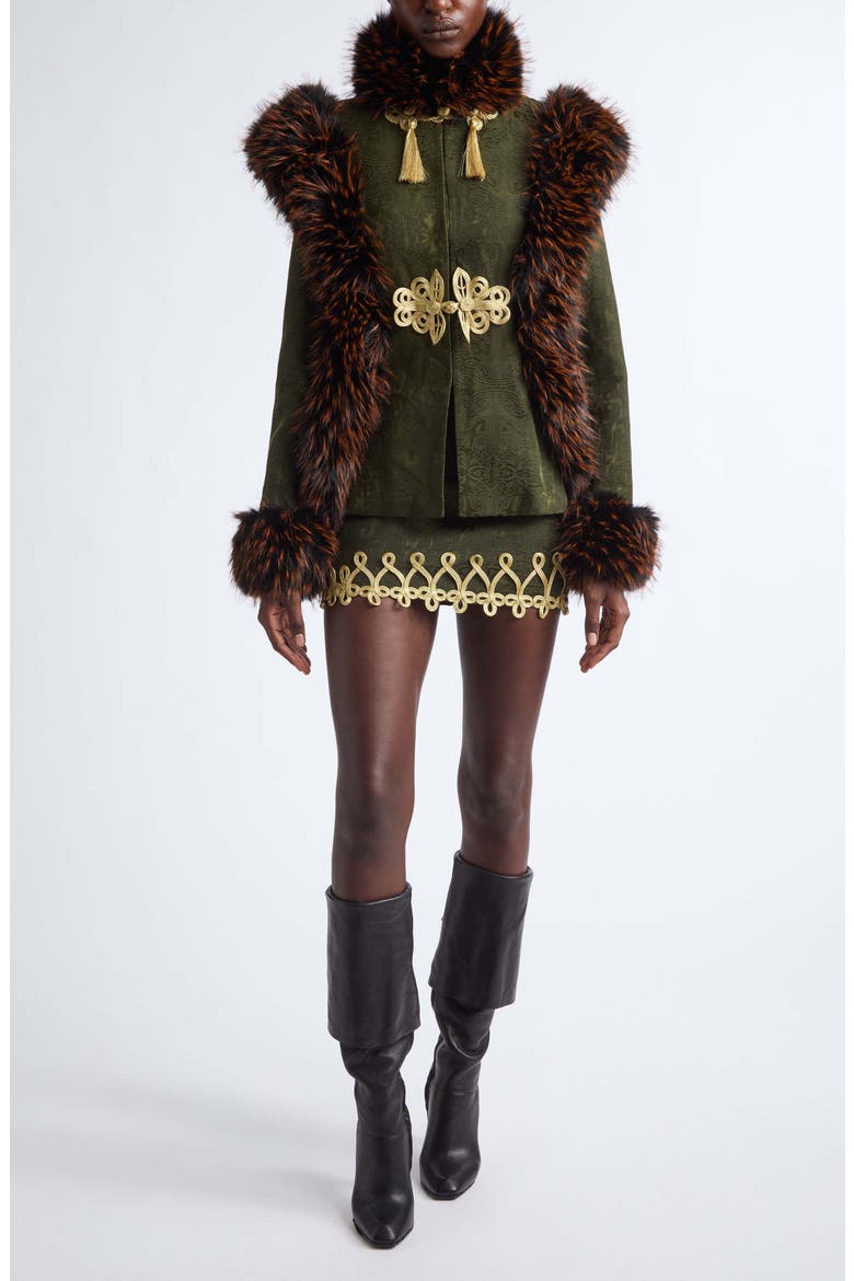 Faux Fur Trim Chinese Brocade Jacket, Alternate, color, ARMY GREEN