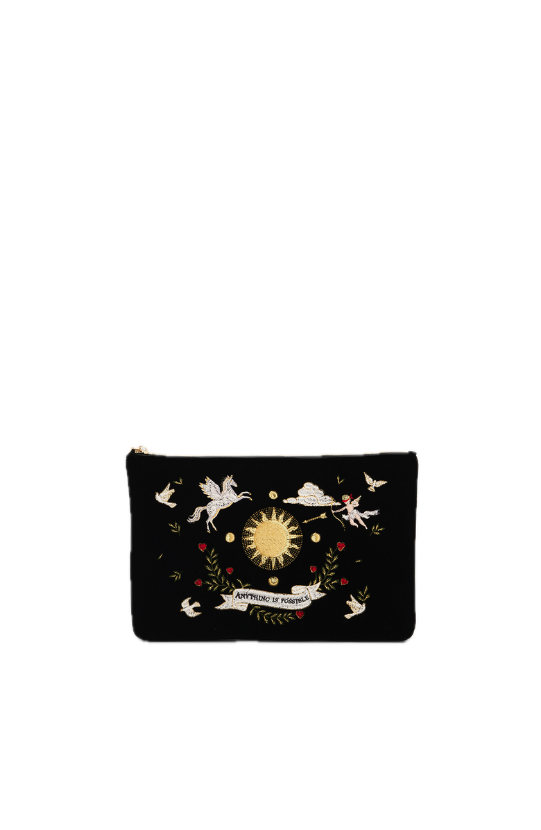 Fable England Celestial Velvet Embroidered Pouch, Main, color, Black