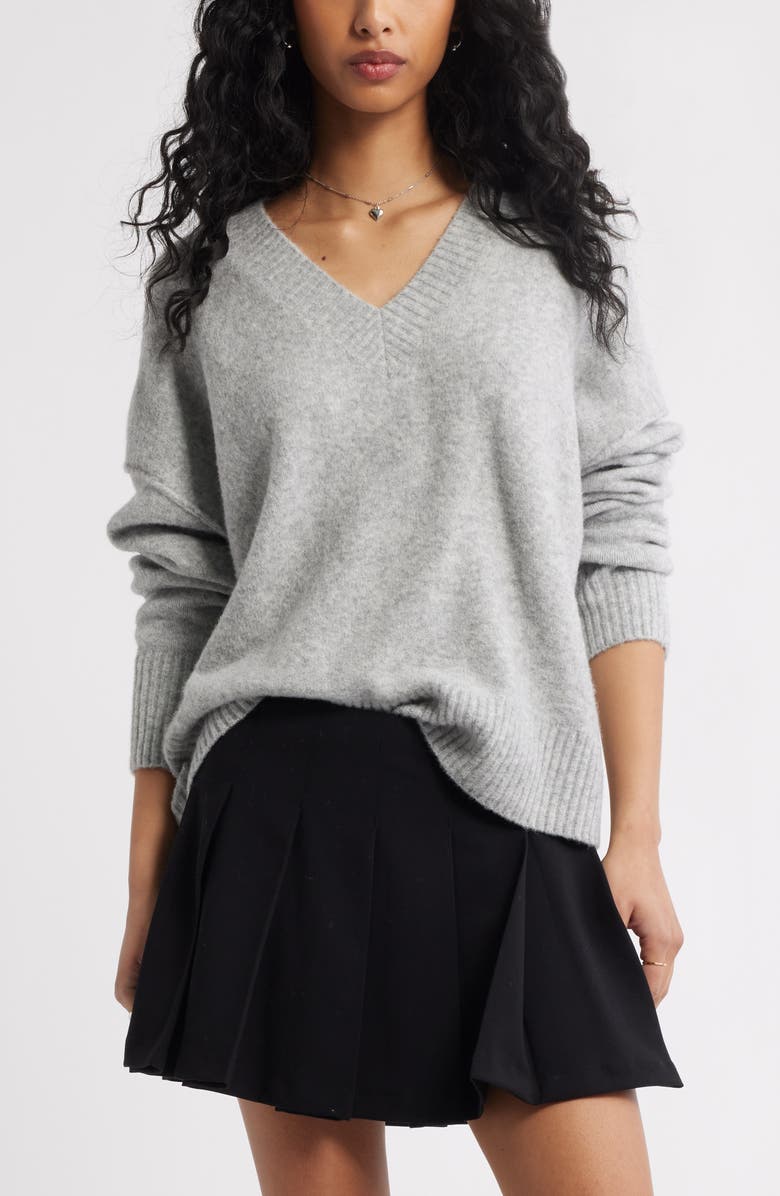 BP. Oversize Cozy V-Neck Sweater, Main, color, Grey Heather