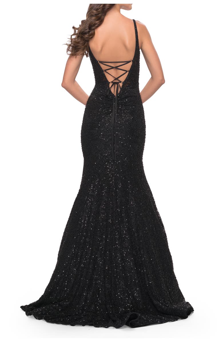 La Femme Mermaid Beaded Lace Dress with Sheer Bodice, Alternate, color, Black