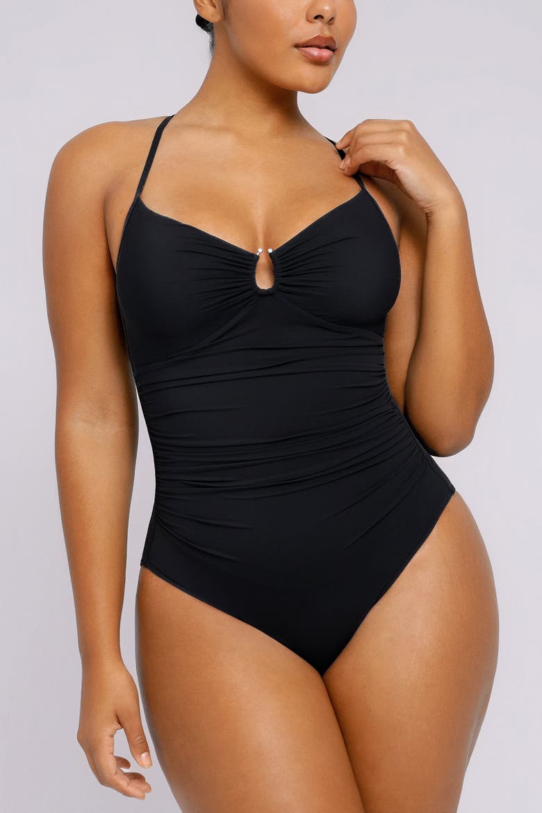 U-Ring Cut Out Ruched One-Piece Swimsuit, Alternate, color, Jet Black