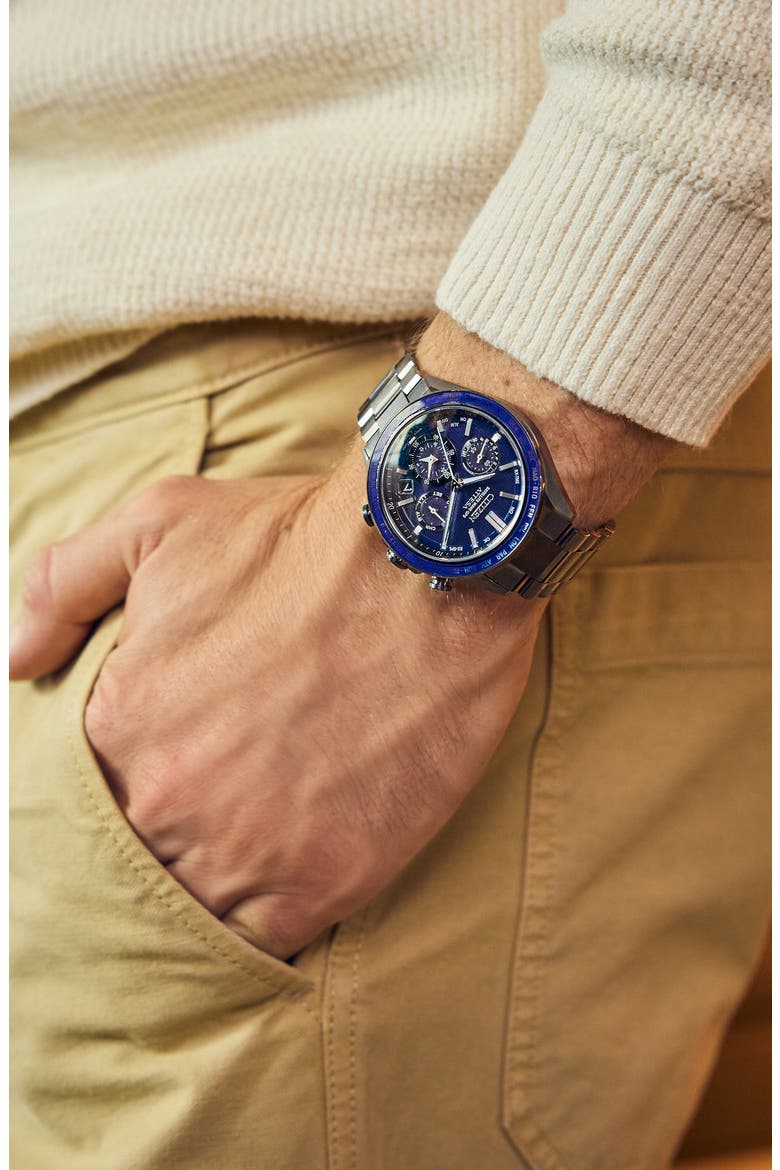 Attesa Satellite Wave GPS GMT Automatic Greytone Bracelet Watch, 44.6mm, Alternate, color, GRAY/BLUE