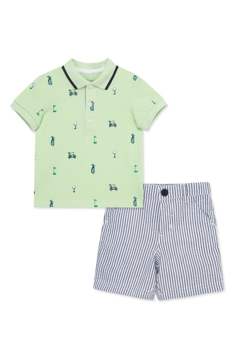 Little Me Golf Print Cotton Polo & Stripe Shorts Set, Main, color, 