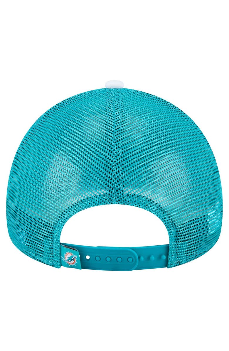 New Era Men's New Era White/Aqua Miami Dolphins Color-Block 9FORTY A-Frame Trucker Adjustable Hat, Alternate, color, White