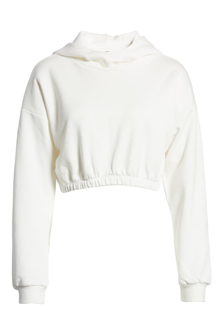 French Terry Crop Hoodie, Alternate, color, WHITE