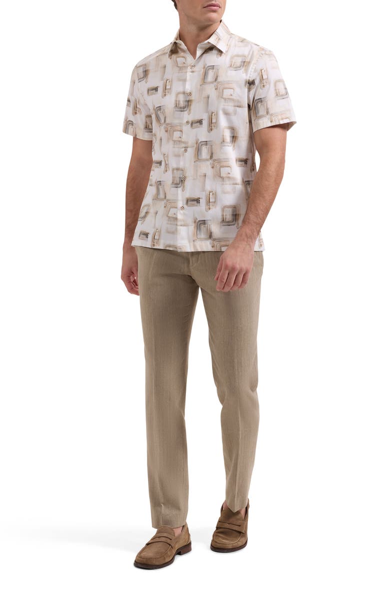 Bugatchi Vero Shaped Fit Abstract Print Short Sleeve Stretch Cotton Button-Up Shirt, Alternate, color, Desert