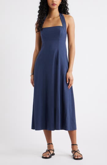 Open Edit Linen Blend Halter Midi Dress in White- Black Grande Dot at Nordstrom, Size Medium Open Edit Linen Blend Halter Midi Dress in White- Black Grande Dot at Nordstrom, Size Medium