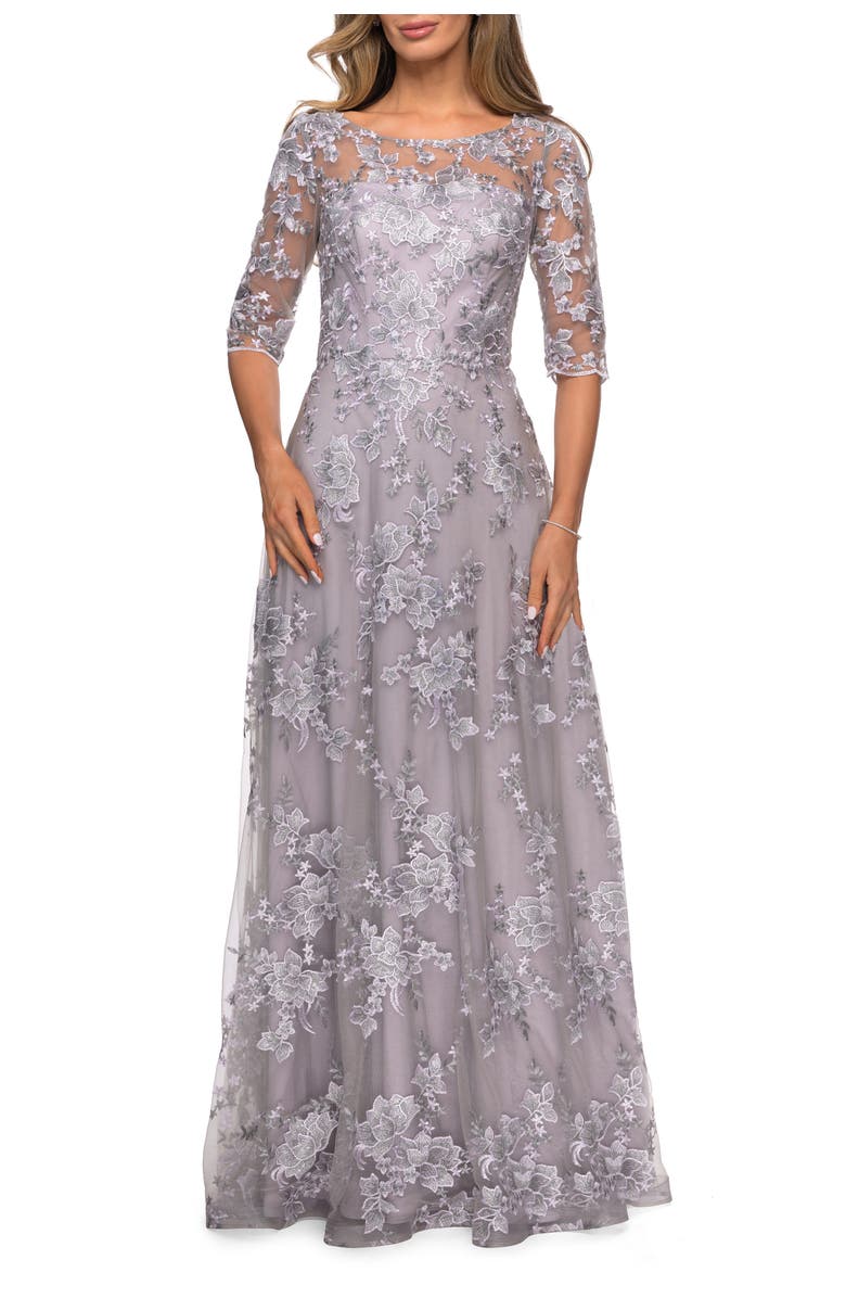 La Femme Cap Sleeve Long Evening Gown with Lace Detailing, Main, color, Lavender/Gray