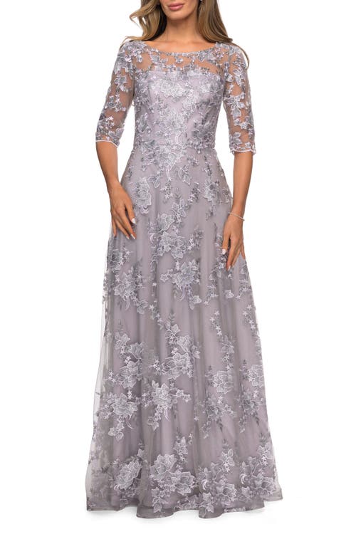 La Femme Cap Sleeve Long Evening Gown With Lace Detailing In Lavender/gray