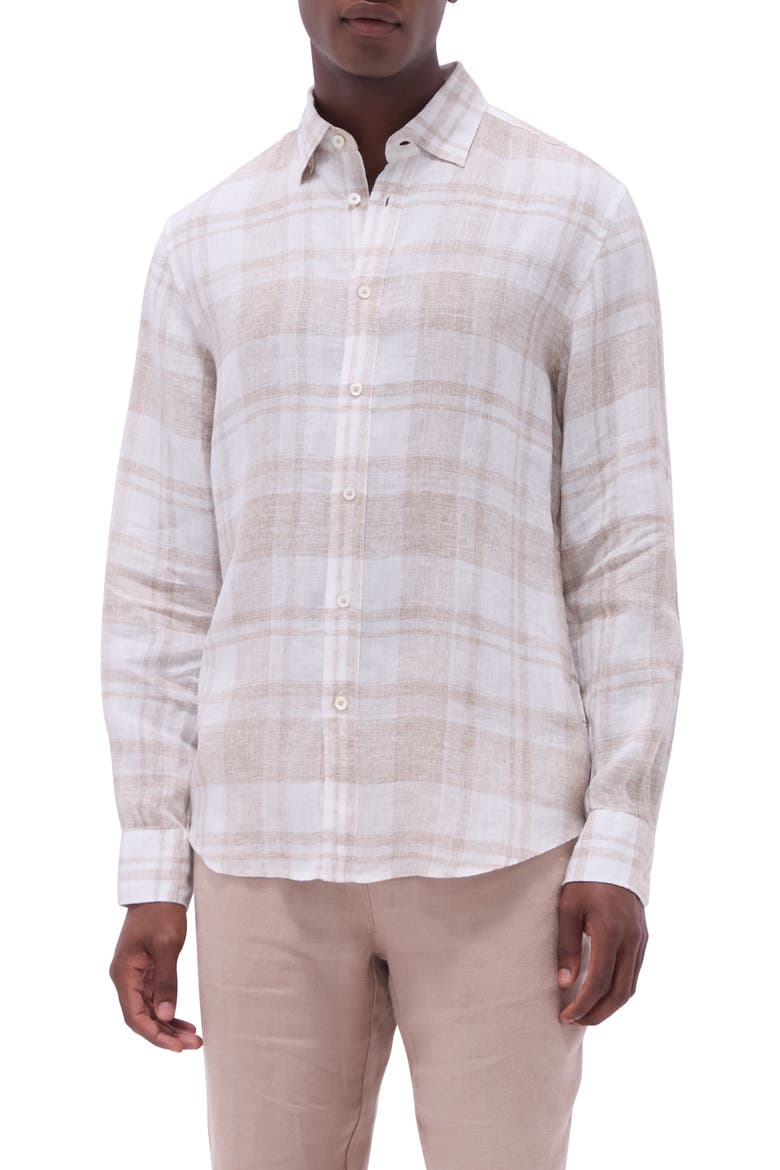 Julian Plaid Slub Linen Button-Up Shirt, Main, color, SAND