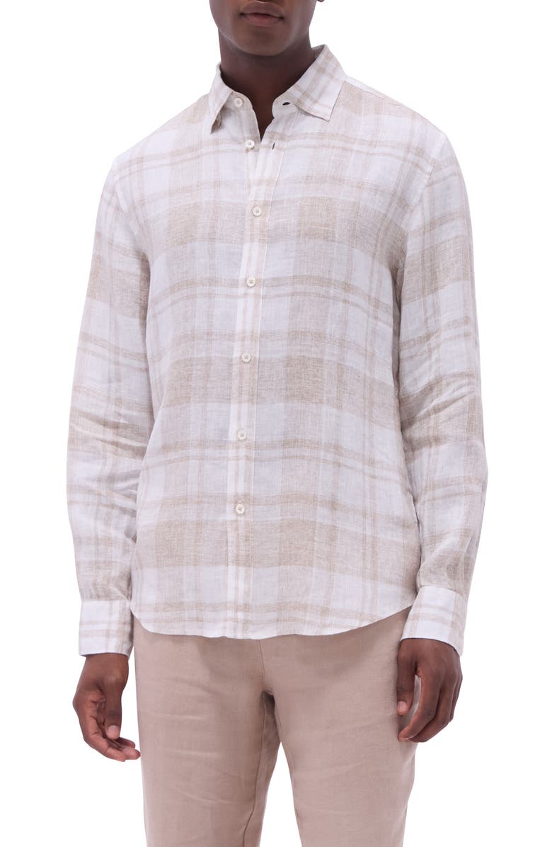Bugatchi Julian Plaid Slub Linen Button-Up Shirt, Main, color, Sand
