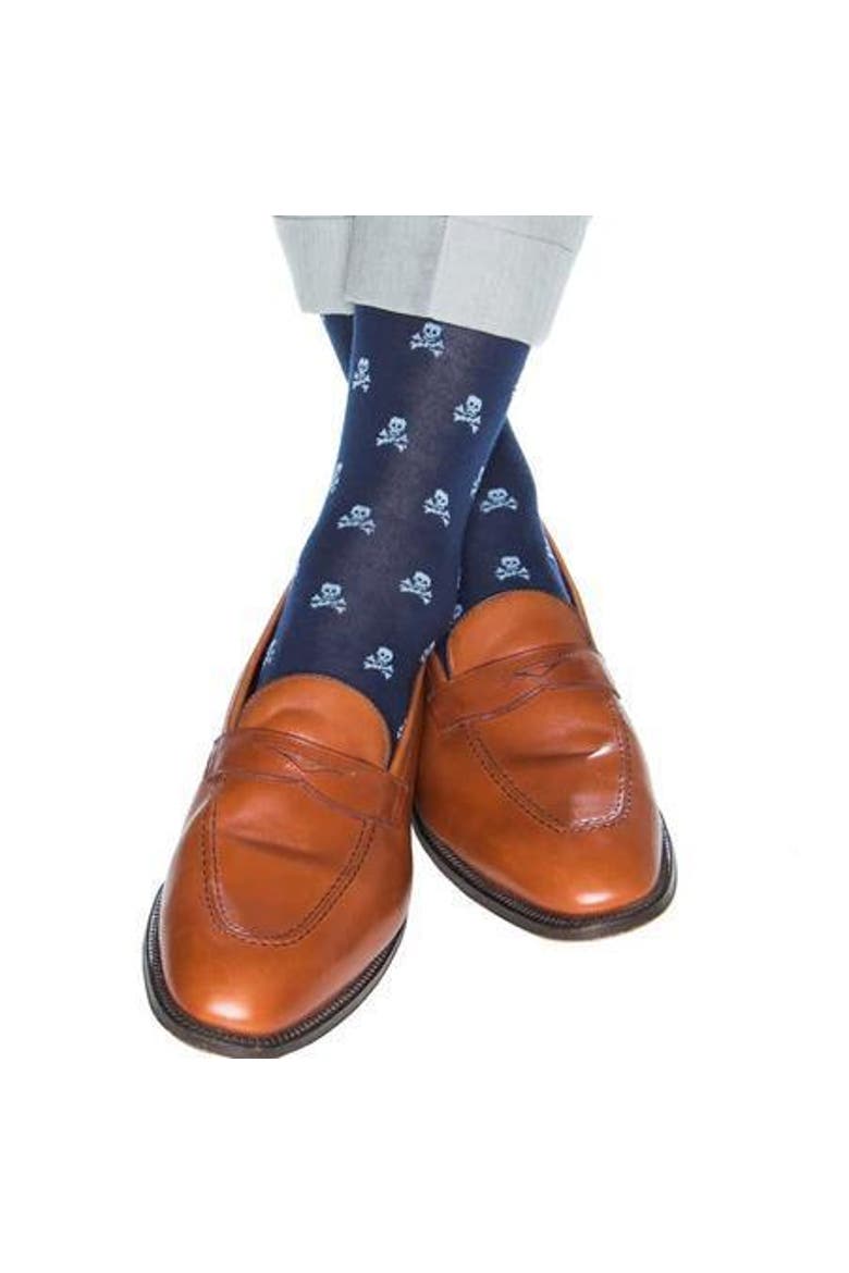 Rodger Skull and Cross Bones Mercerized Cotton Mid-Calf Socks, Alternate, color, Navy