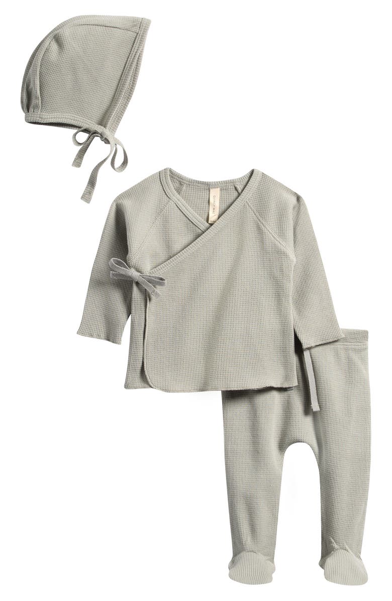 QUINCY MAE Take Home Organic Cotton Top, Footie Pants & Cap Set, Main, color, Sage