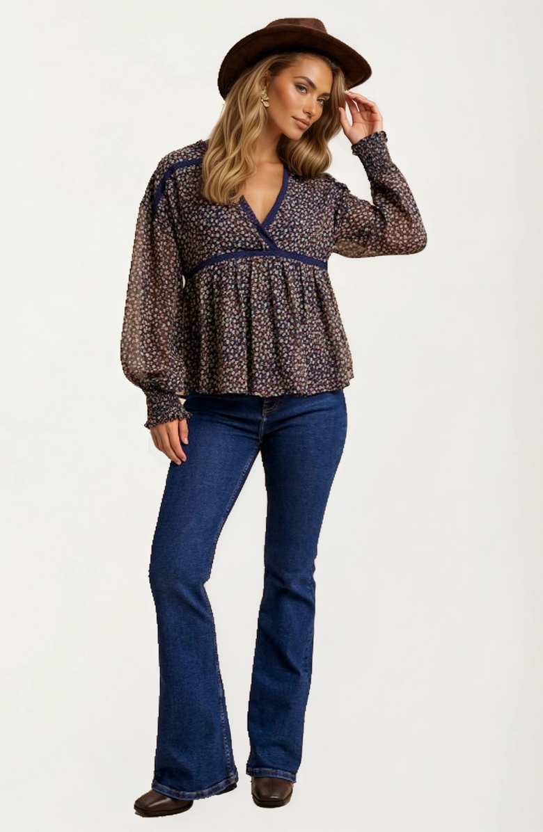Knit and Lounge Sheer Floral Long Sleeve Blouse with Smocked Cuffs, Alternate, color,