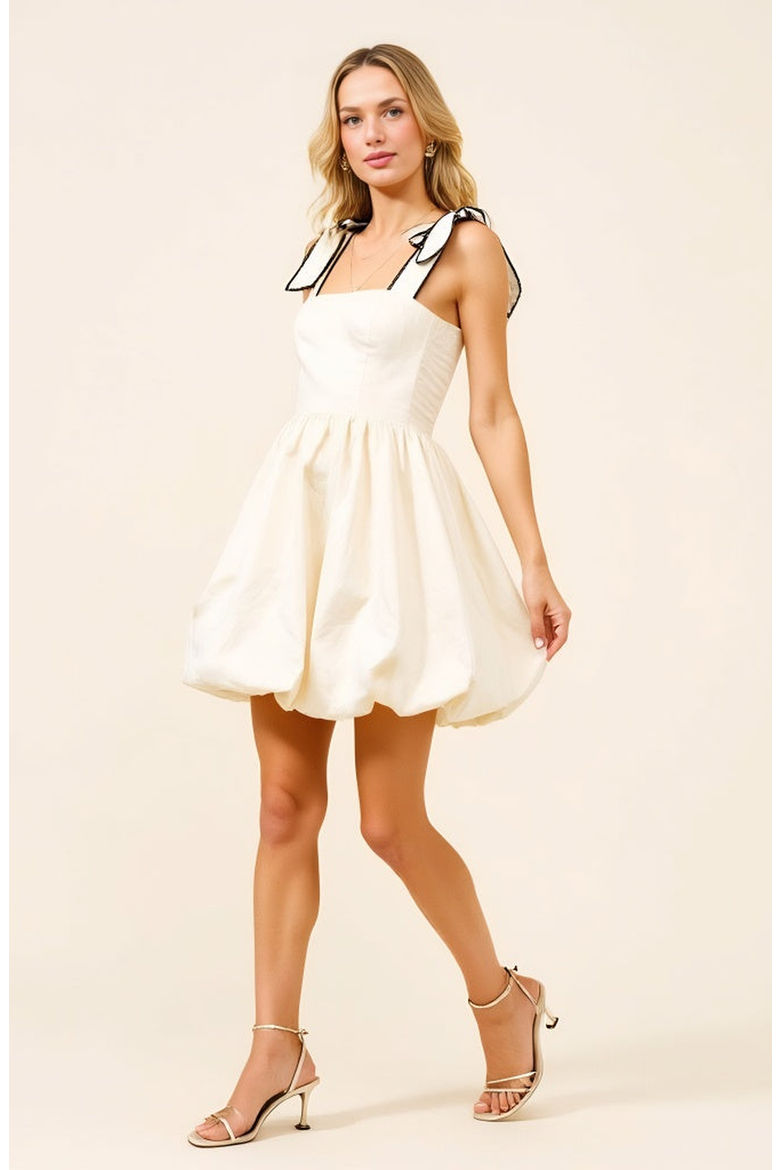 Bow Strap Bubble Hem Mini Dress with Square Neckline Detail, Alternate, color, Off-white / Cream