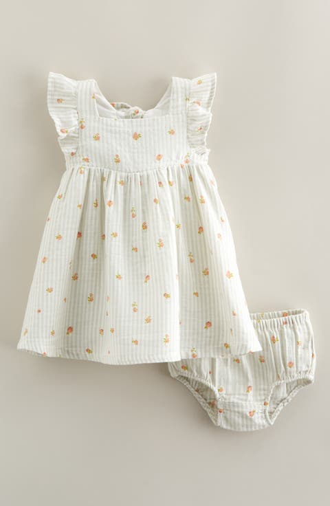 Flutter Sleeve Tie Back Cotton Muslin Sundress & Bloomers (Baby)