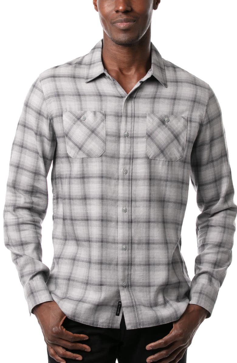 TravisMathew Day And Night Slim Fit Plaid Button-Up Shirt, Main, color, Heather Sleet