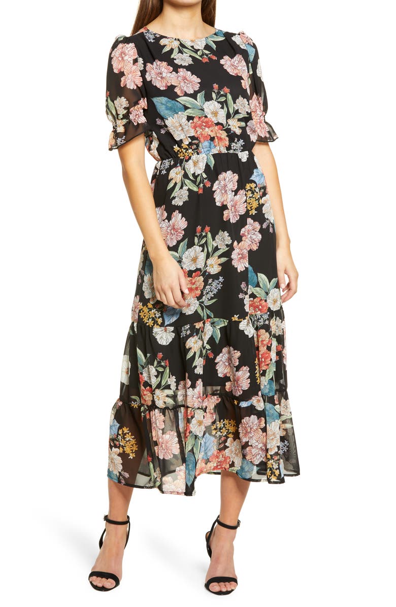 Fraiche by J Shasha Floral Tiered Ruffle Short Sleeve Dress, Main, color,