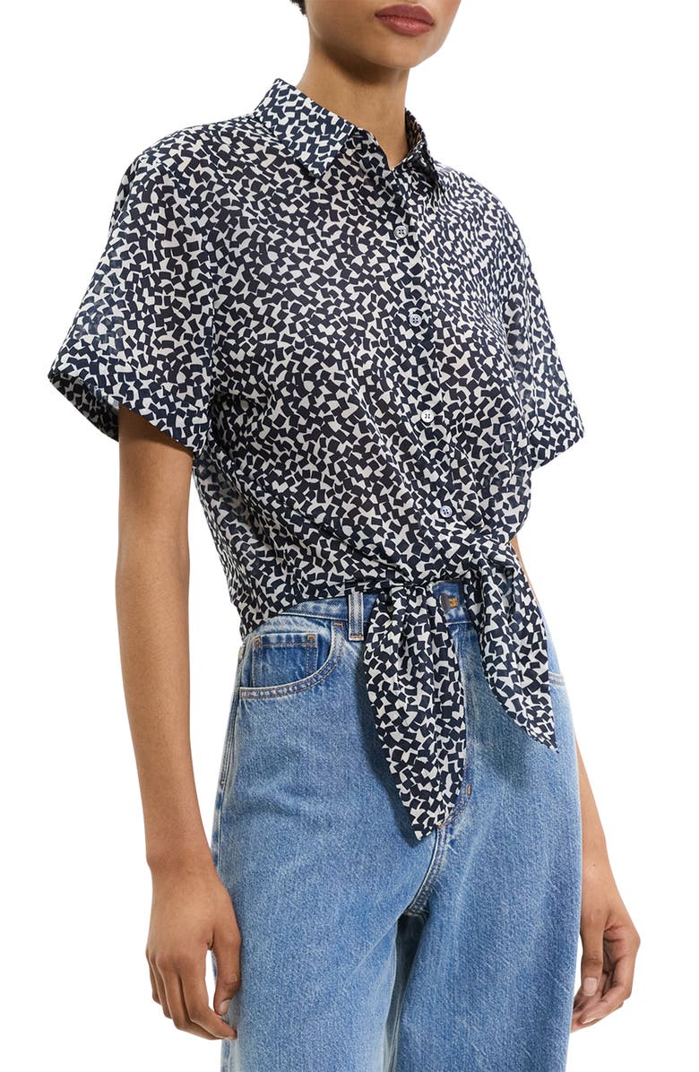 Theory Geometric Tie Front Button-Up Shirt, Alternate, color, Navy Multi