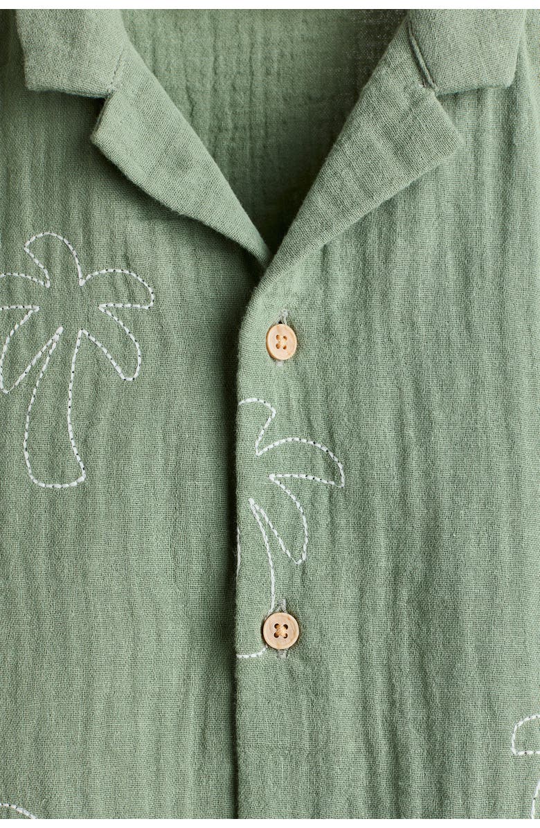H&M Embroidered Muslin Resort Shirt, Alternate, color, Green/Palm Trees